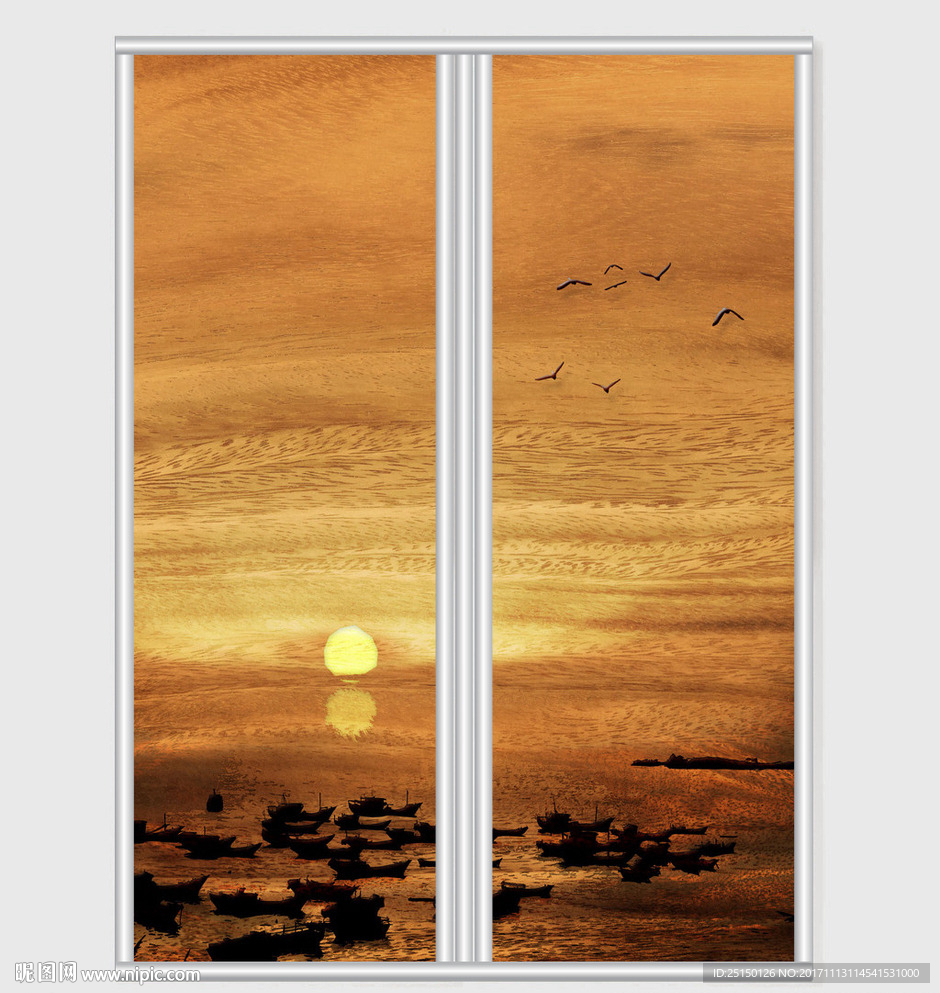 渔港晚霞写意风景移门