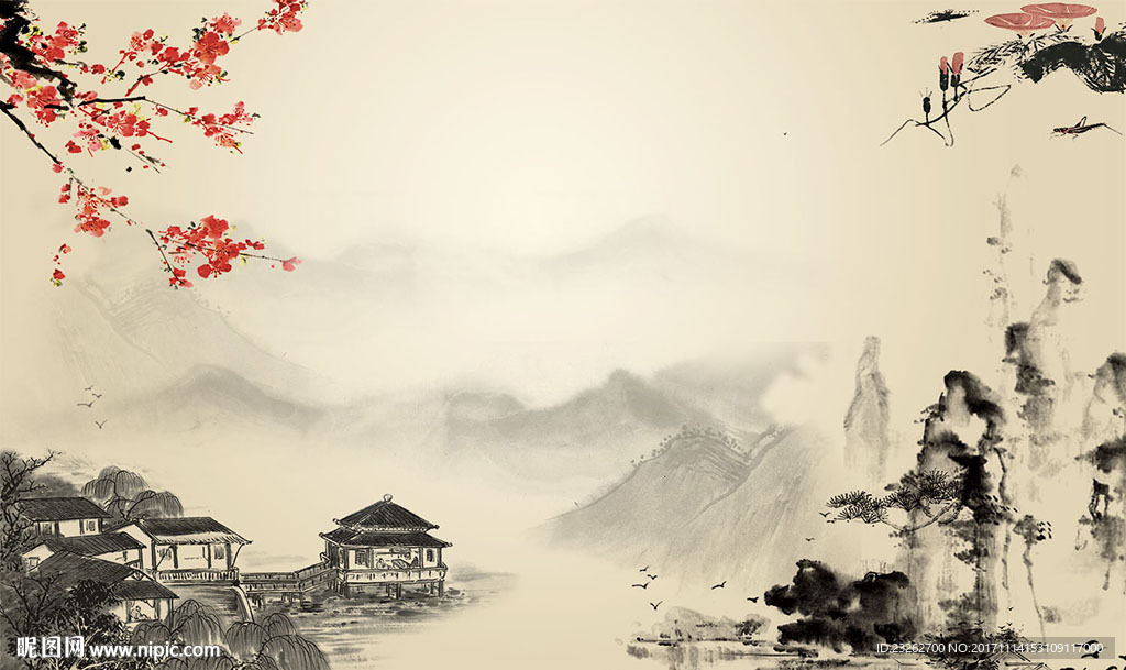 中式简约山水风景背景墙装饰画