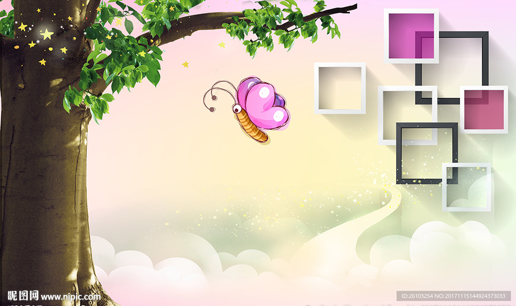 卡通大树简约框框蝴蝶电视背景墙