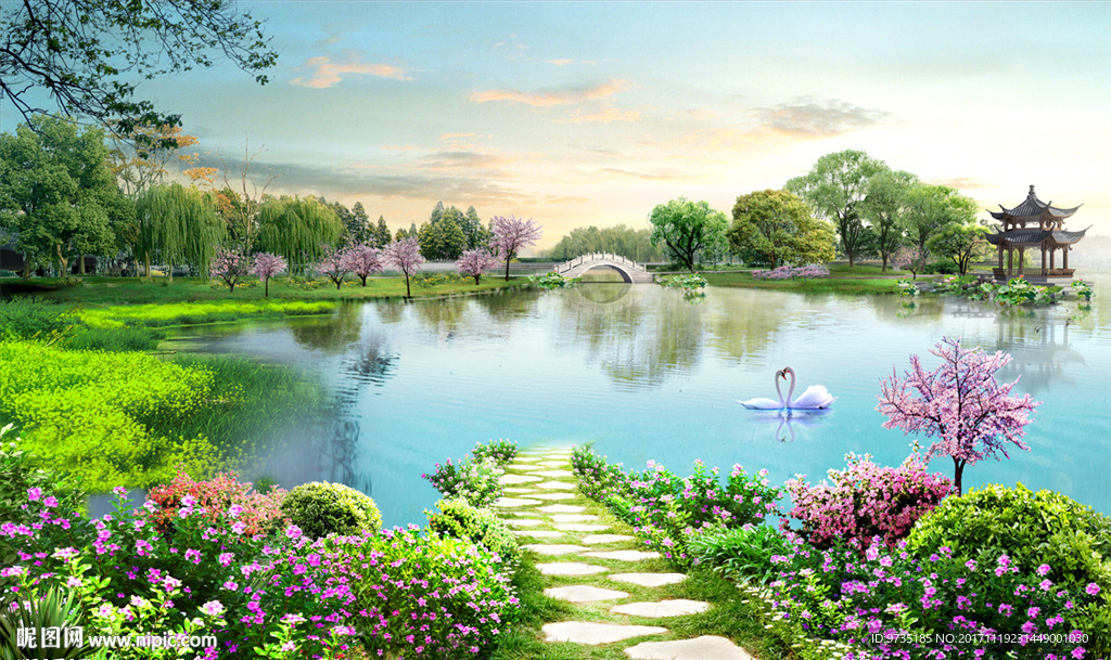 湖泊公园石板小路旅游风景背景墙