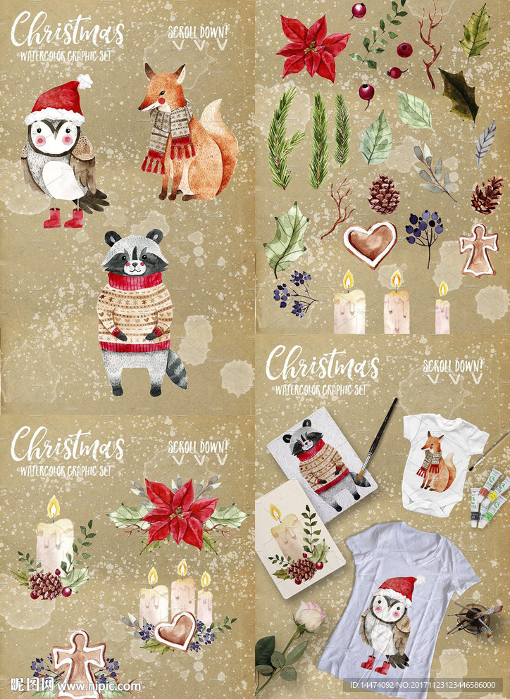 冬季 雪人 雪花 小猫 圣诞树