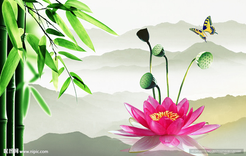 荷花竹子分层素材