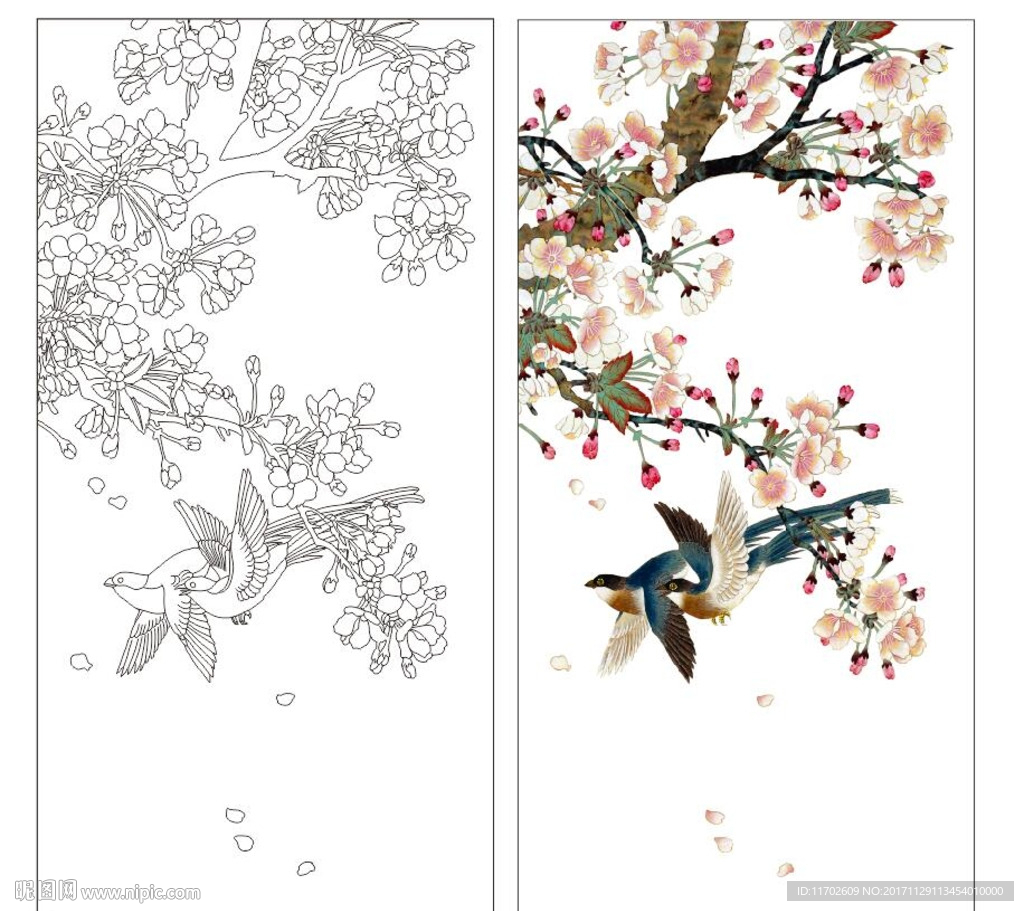 花鸟 梅花高清印刷路径矢量图