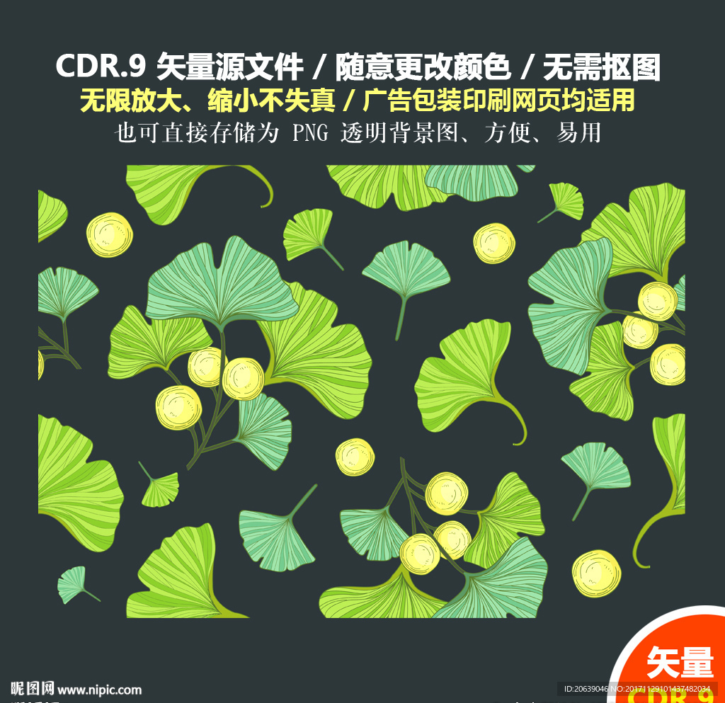 精美手绘银杏花环纹饰矢量图