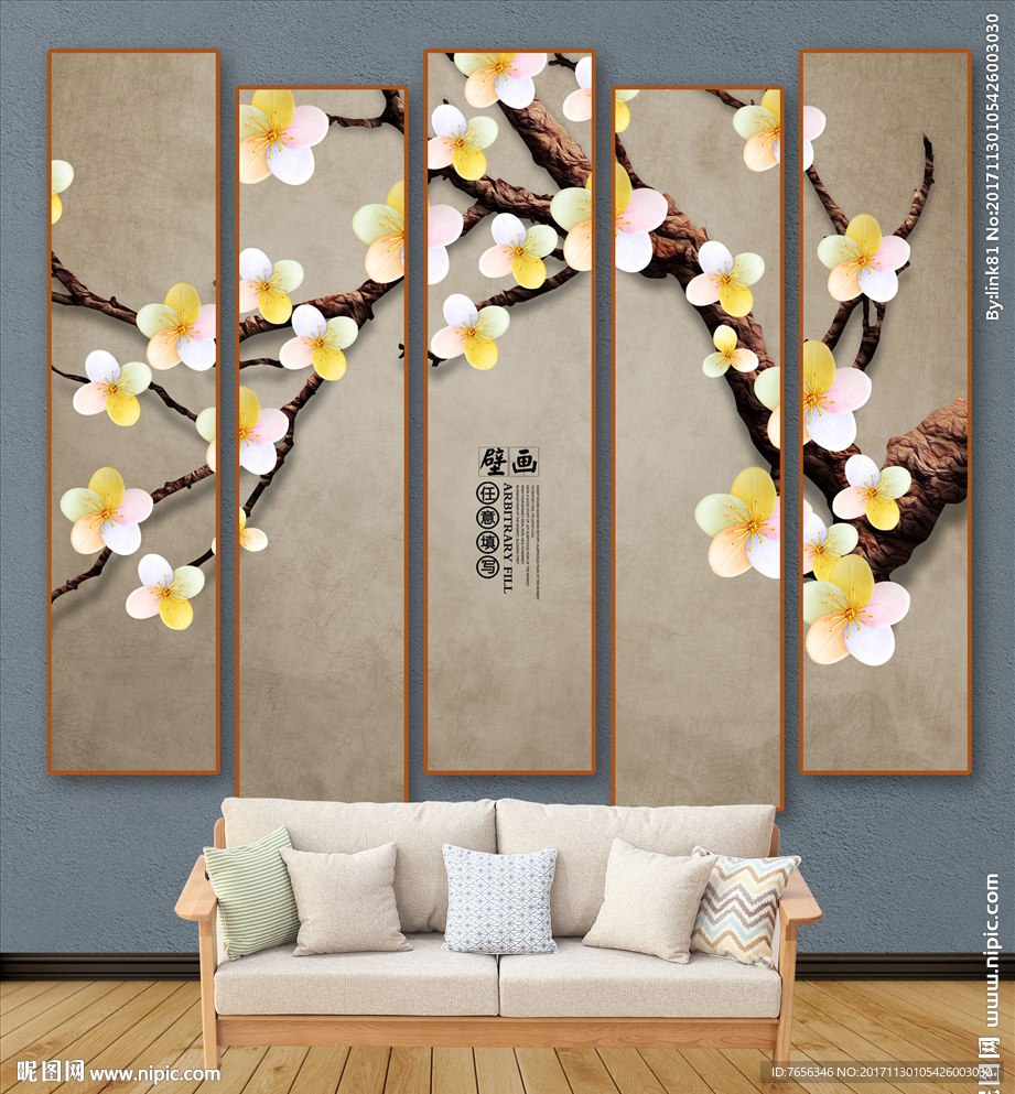 手绘花鸟画 新中式唯美壁画