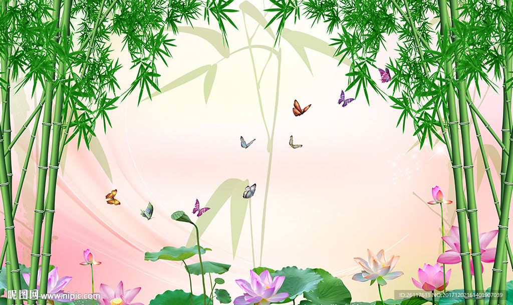 现代竹子荷花蝴蝶电视背景墙