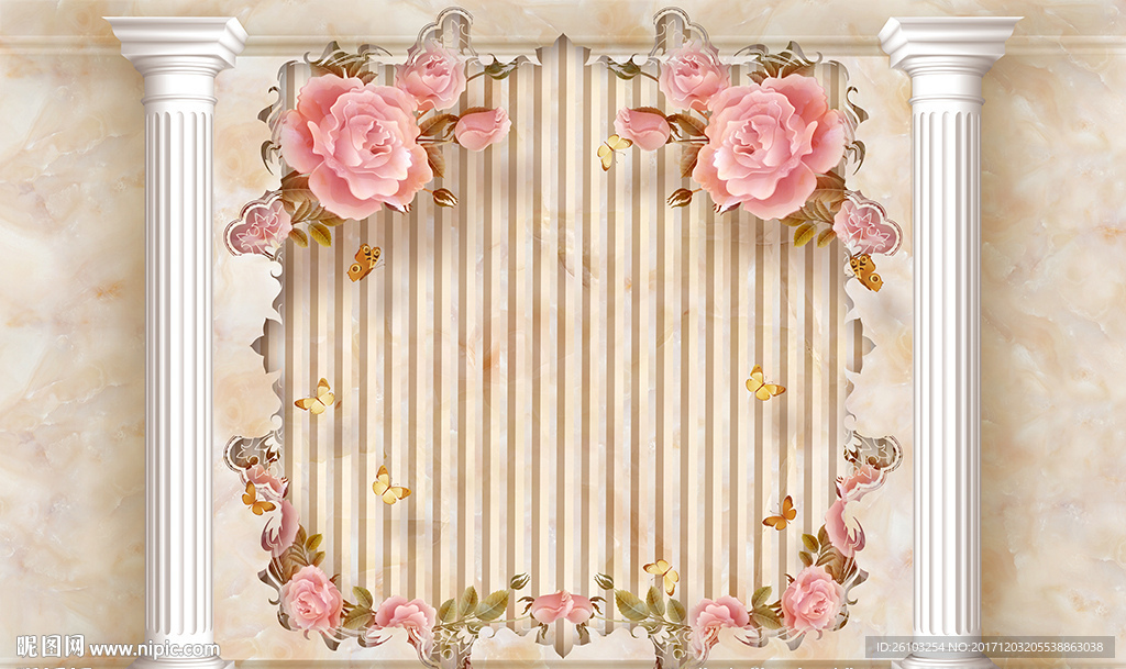 欧式罗马柱玫瑰花电视背景墙