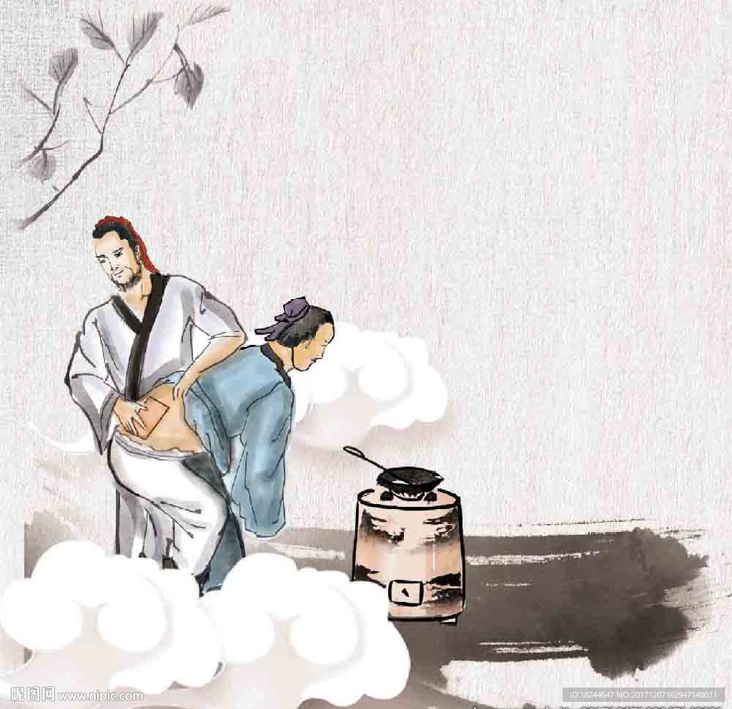 古代人贴膏药水墨国画插画