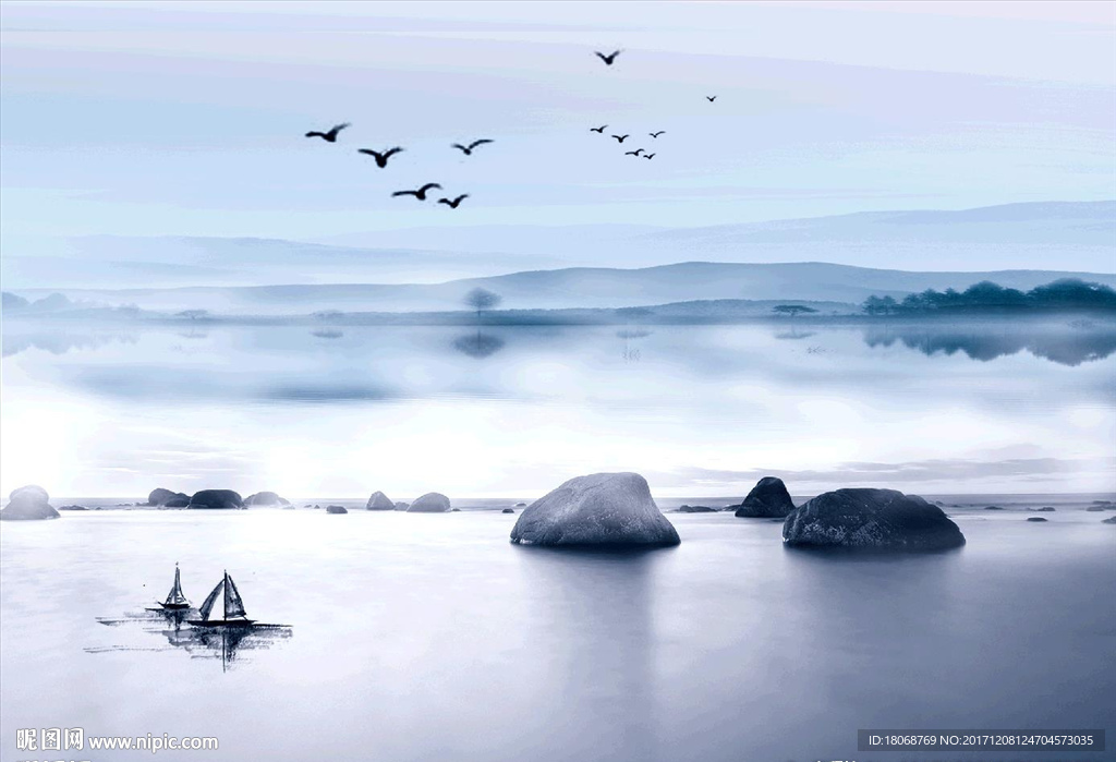 新中式意境山水湖泊水面倒影背景