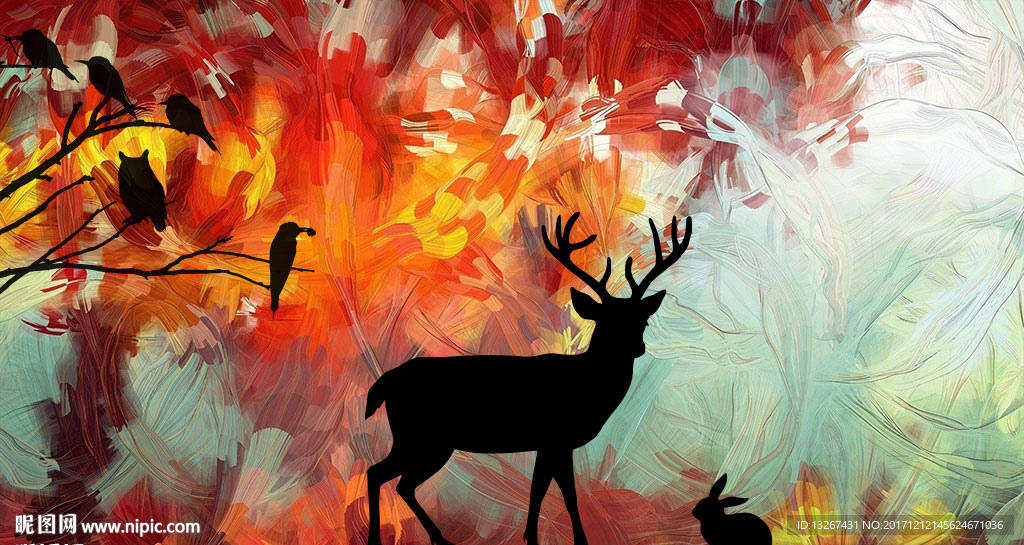 油画秋天森林剪影