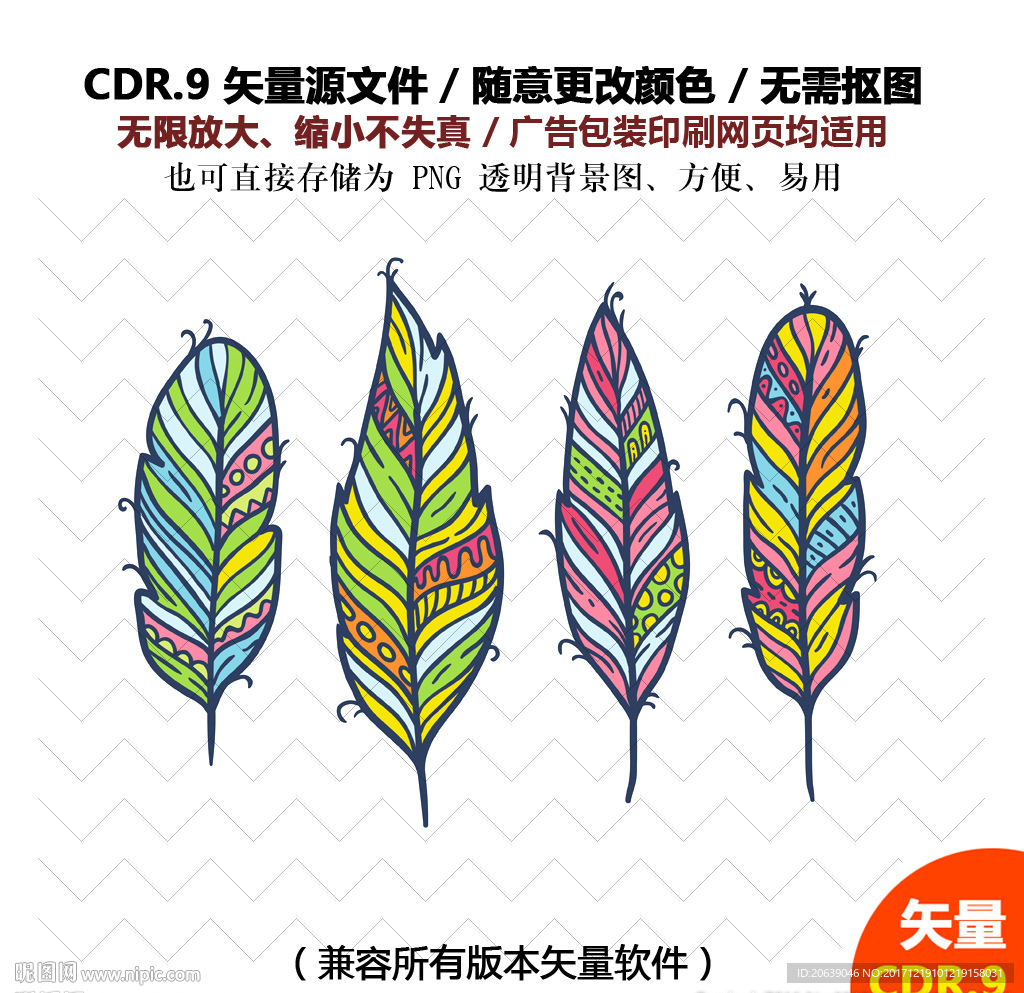 手绘羽毛素材鸡毛矢量图