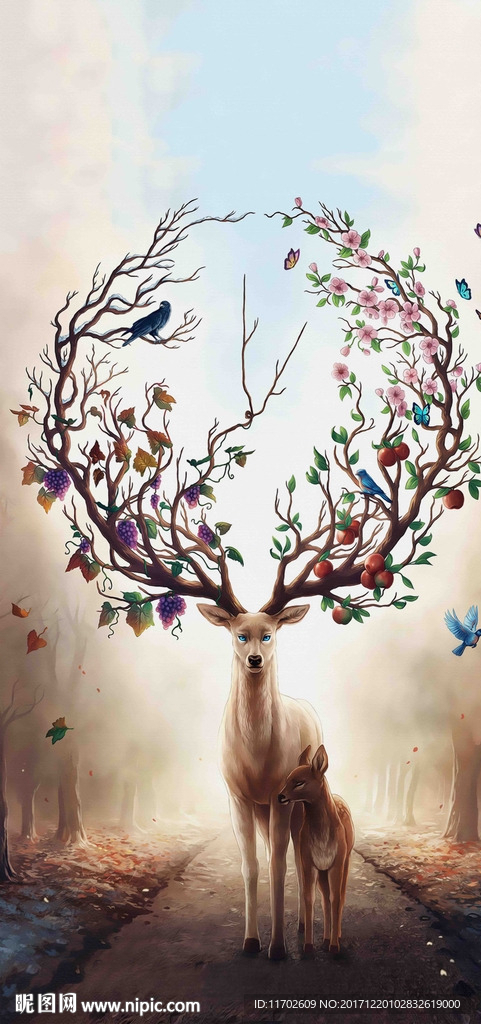 鹿森林油画高清印刷