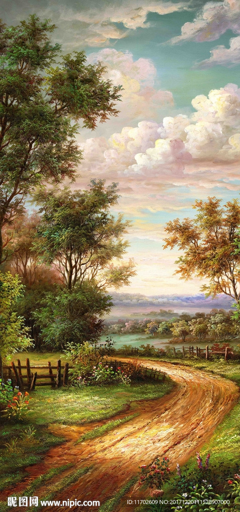 乡中小路油画 高清印刷