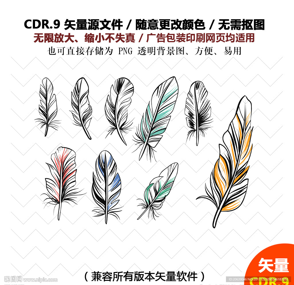 手绘羽毛素材鸡毛鹅毛矢量图