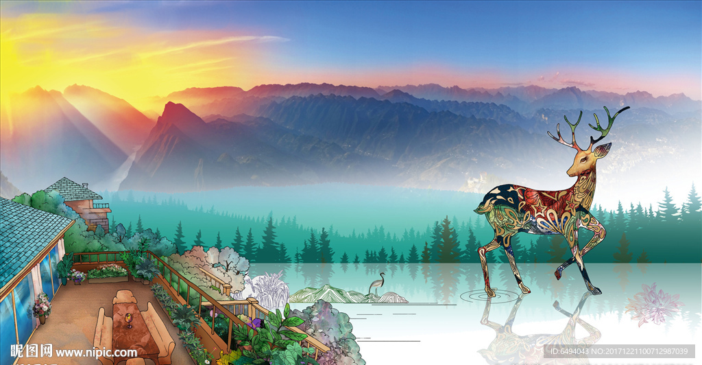 梅花鹿倒影森林远山