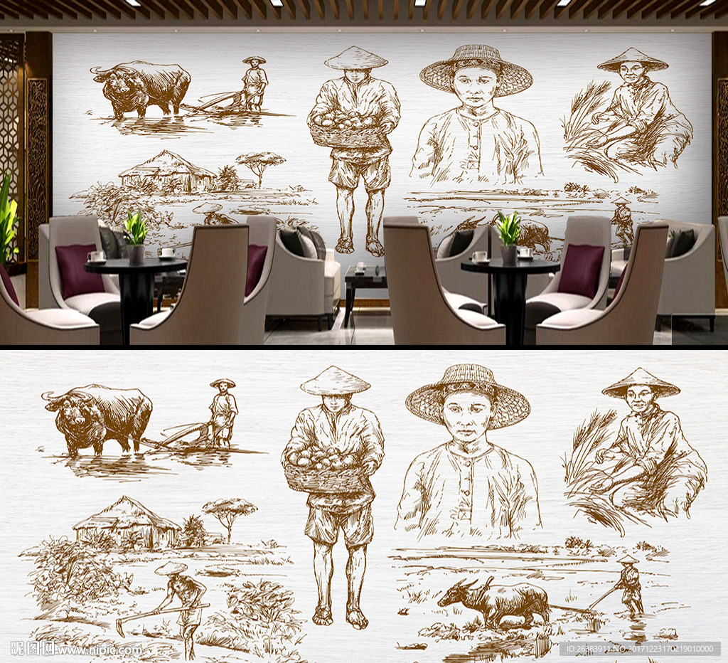 手绘素描餐厅背景墙