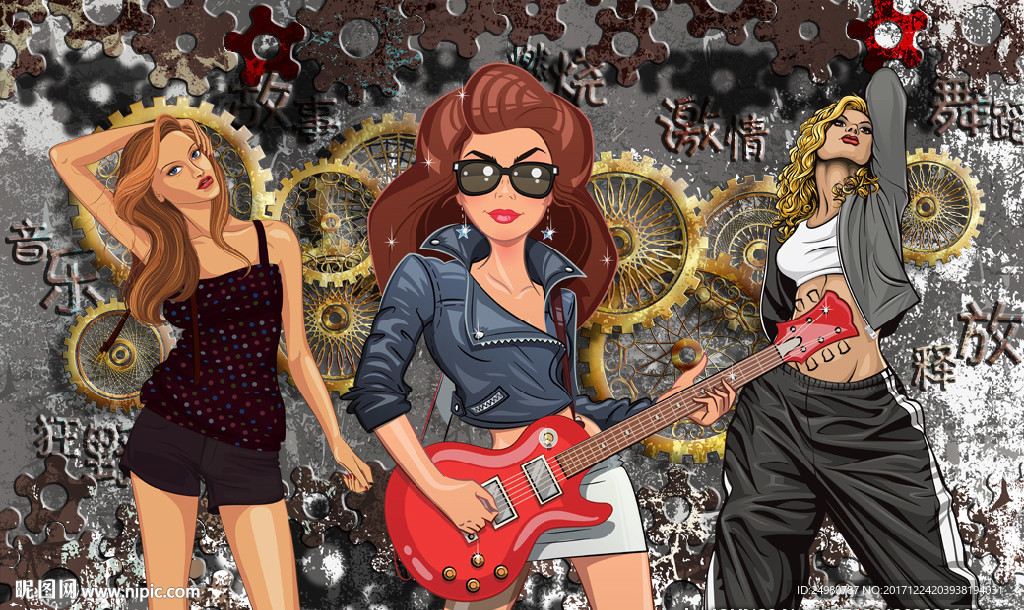 卡通音乐美女人物金属背景
