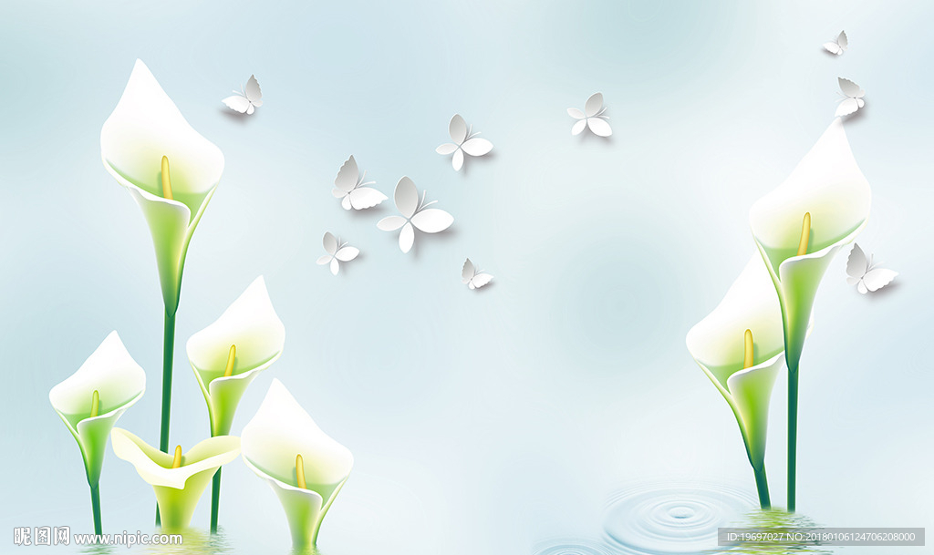 马蹄莲倒影蝴蝶电视背景墙