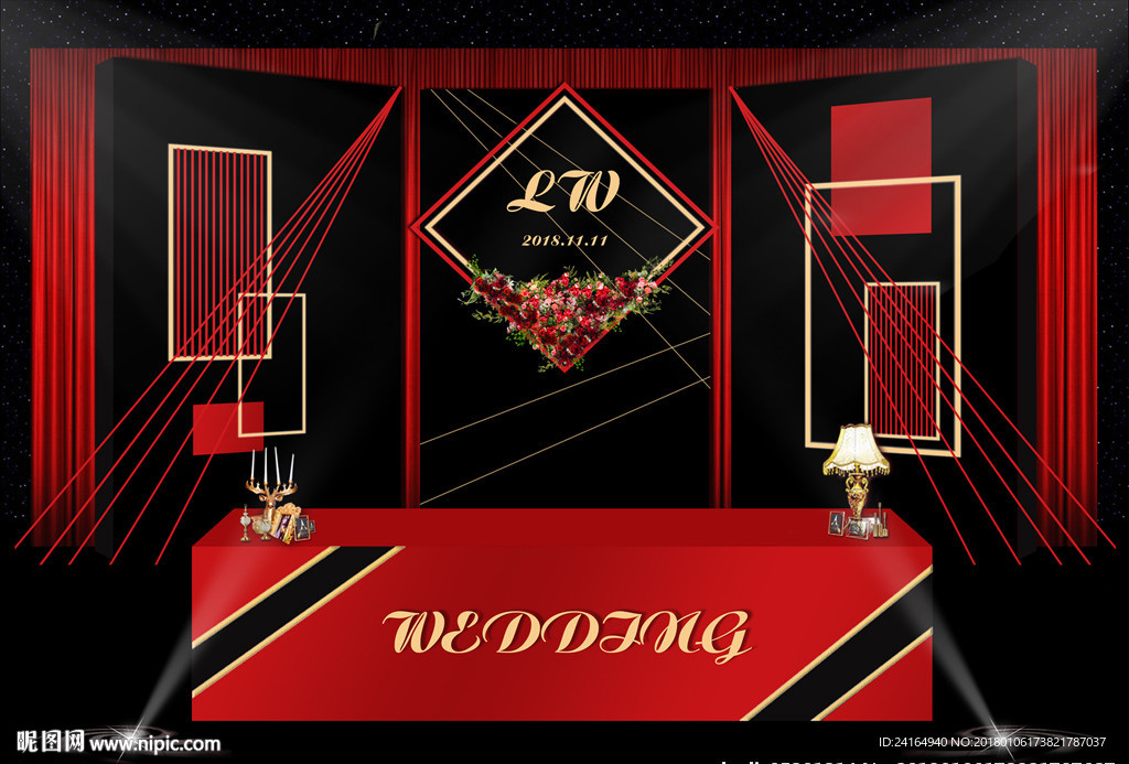 红黑色婚礼签到区效果图素材