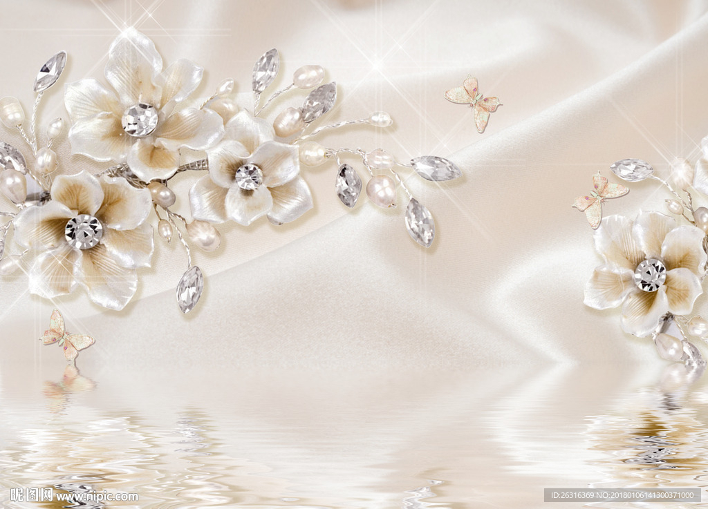 奢华丝绸花朵珠宝蝴蝶电视背景墙