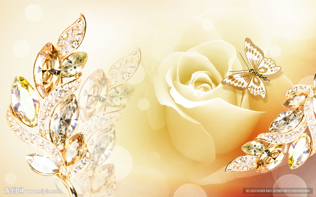 金黄色玫瑰水晶珠宝叶子背景墙