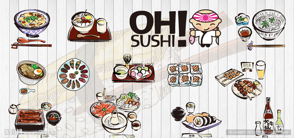 复古怀旧手绘日本寿司料理背景墙