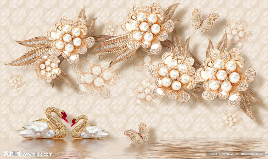 奢华天鹅黄金叶子水纹珠宝背景墙