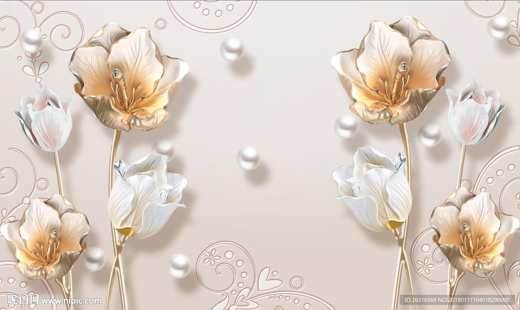 浮雕新中式郁金香珠宝立体背景墙