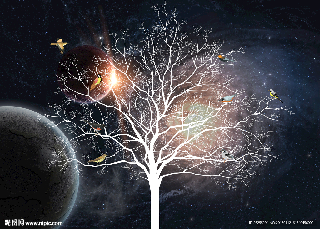 欧式抽象树木花鸟星空装饰背景墙