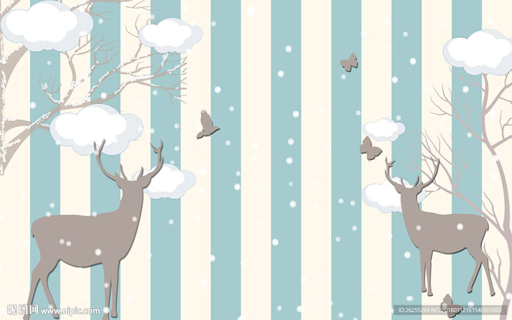 蓝白条纹手绘小鹿儿童房背景墙