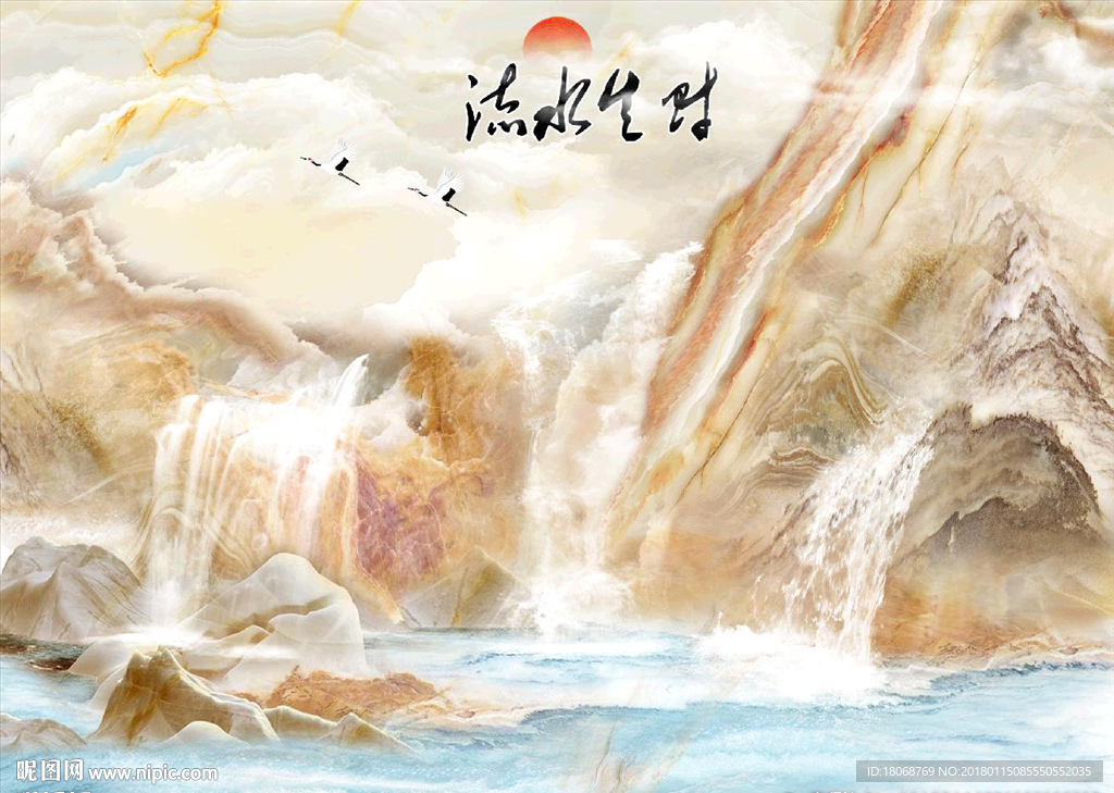 新中式流水生财大理石风景画背景