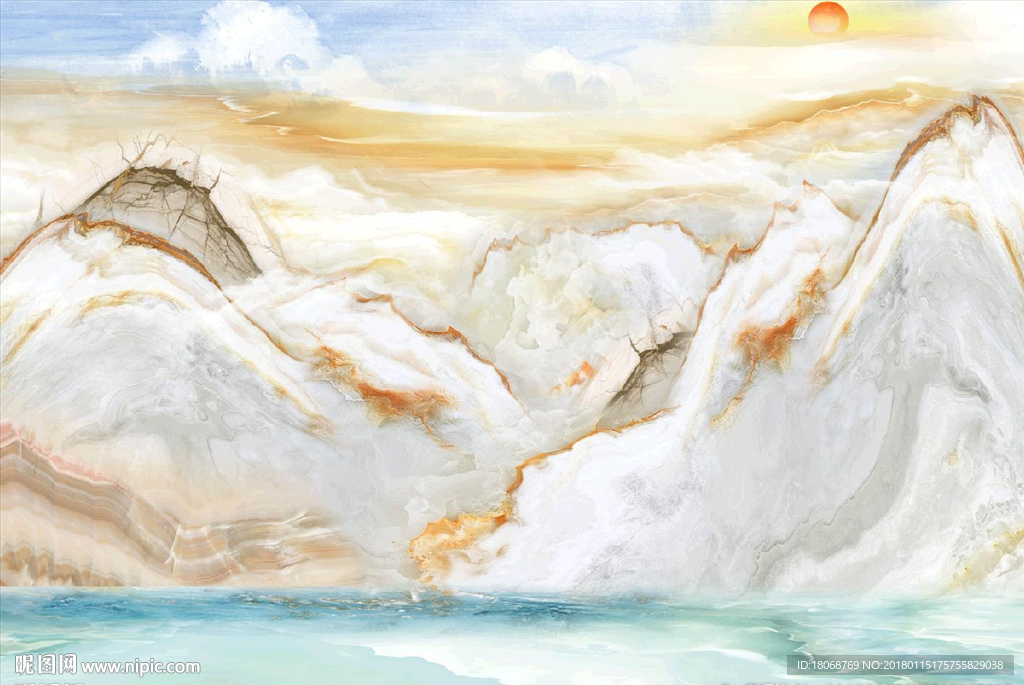 高清山水大理石新中式电视背景墙