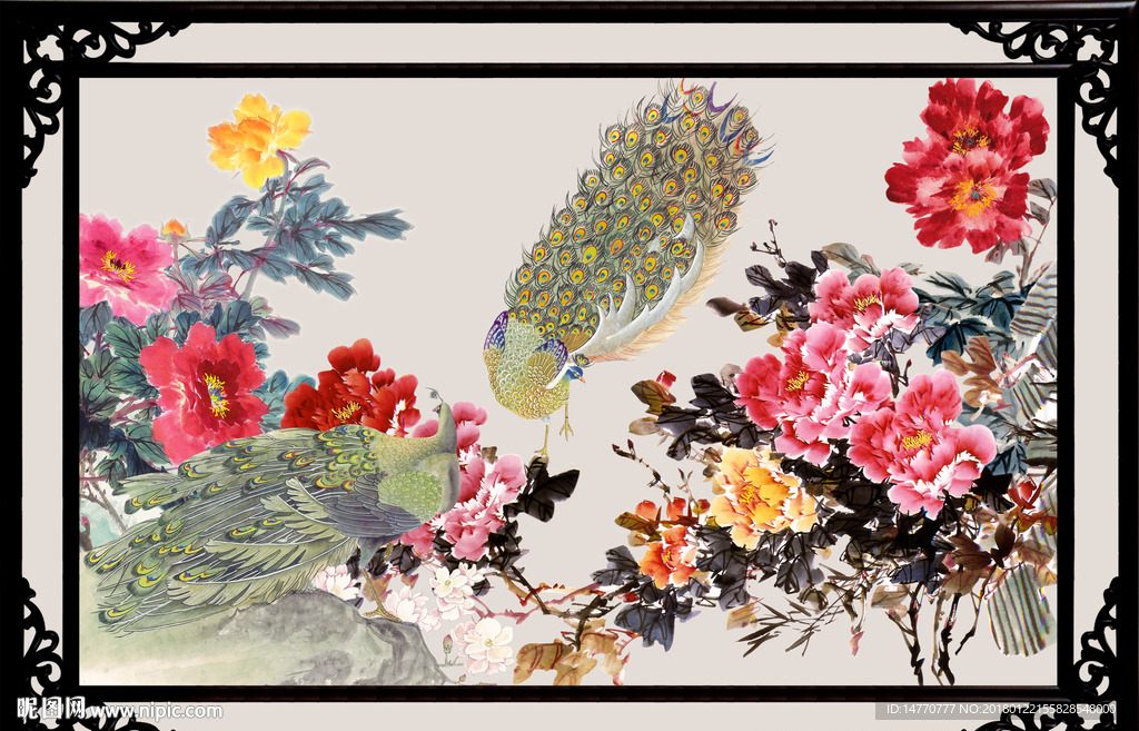 国画牡丹 孔雀图