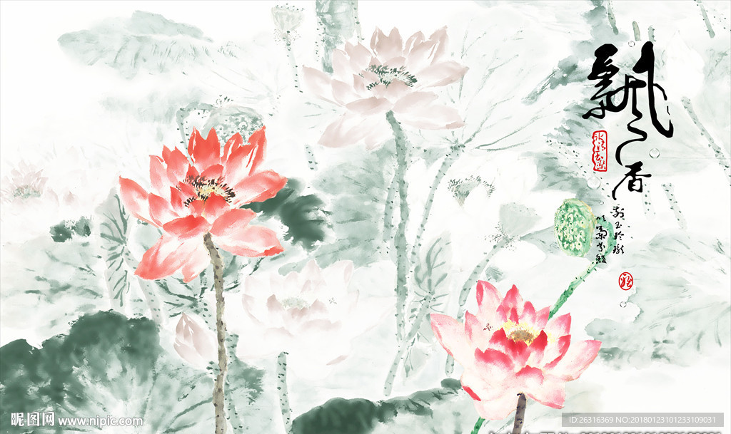 手绘荷叶飘香客厅电视背景墙