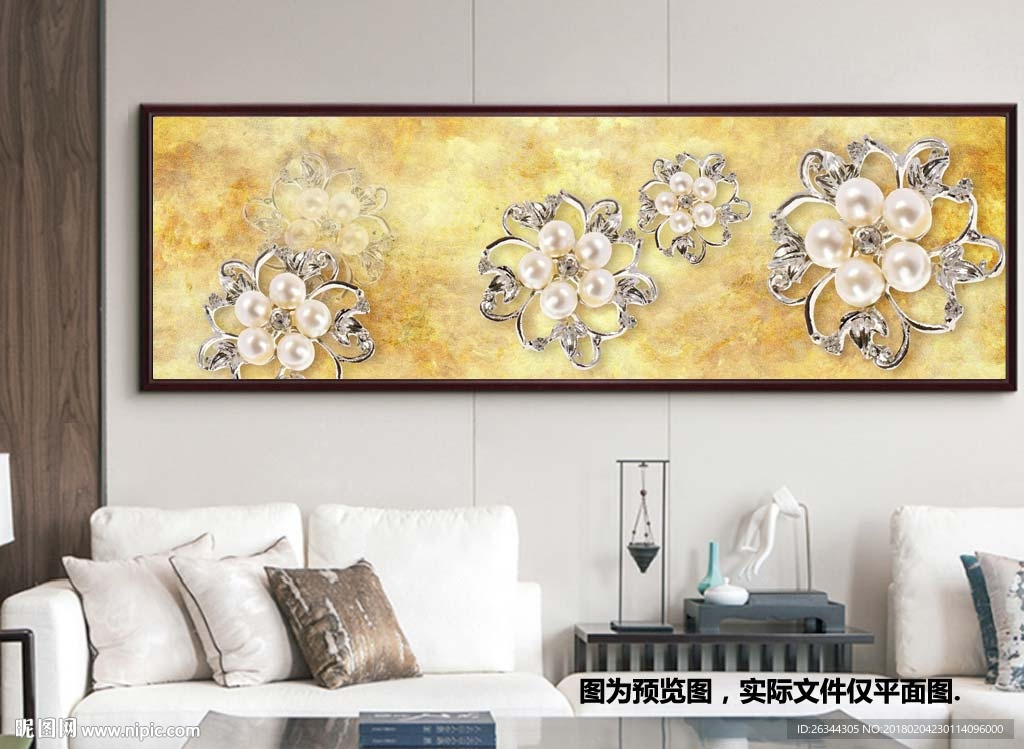 金色富贵珠宝花朵床头装饰画无框