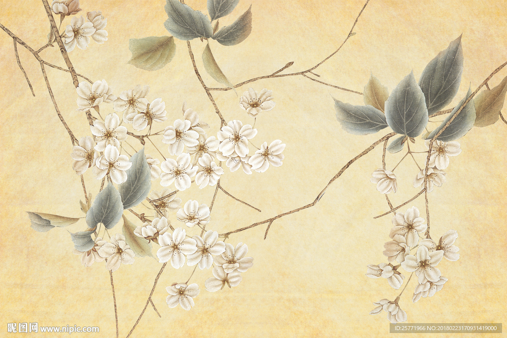 大型金色花鸟树枝背景墙壁画