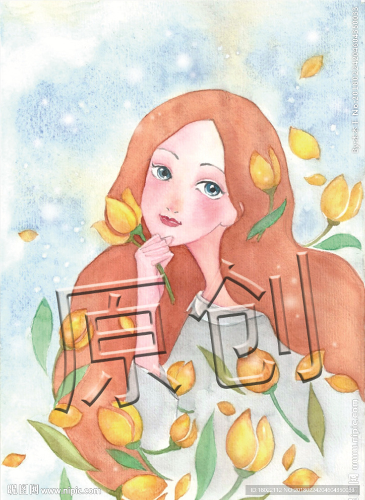 水彩女孩  花女孩
