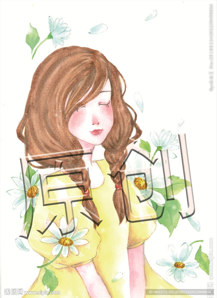 水彩女孩  花女孩