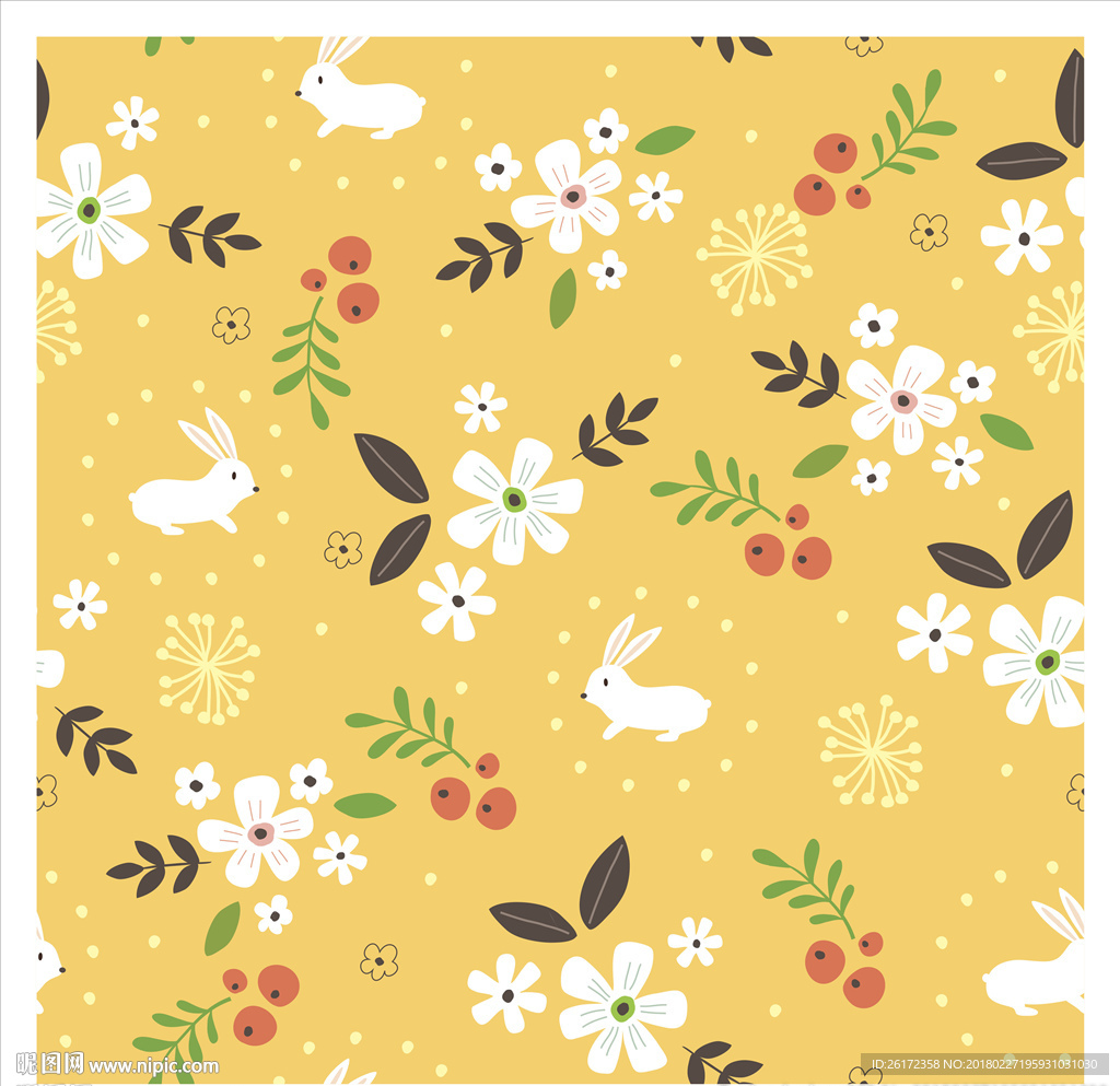 黄色碎花小兔子无缝花纹墙纸图案