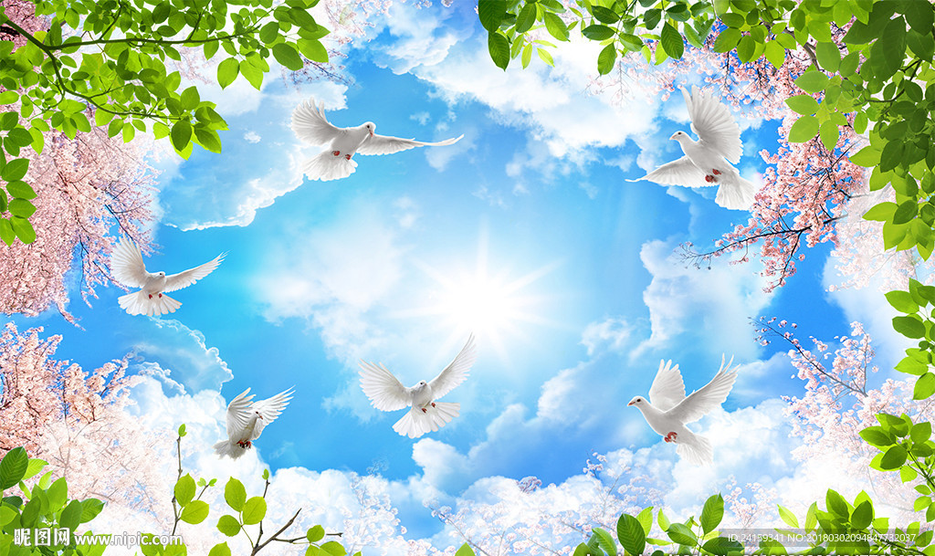 蓝天白云梦幻桃花树叶吊顶