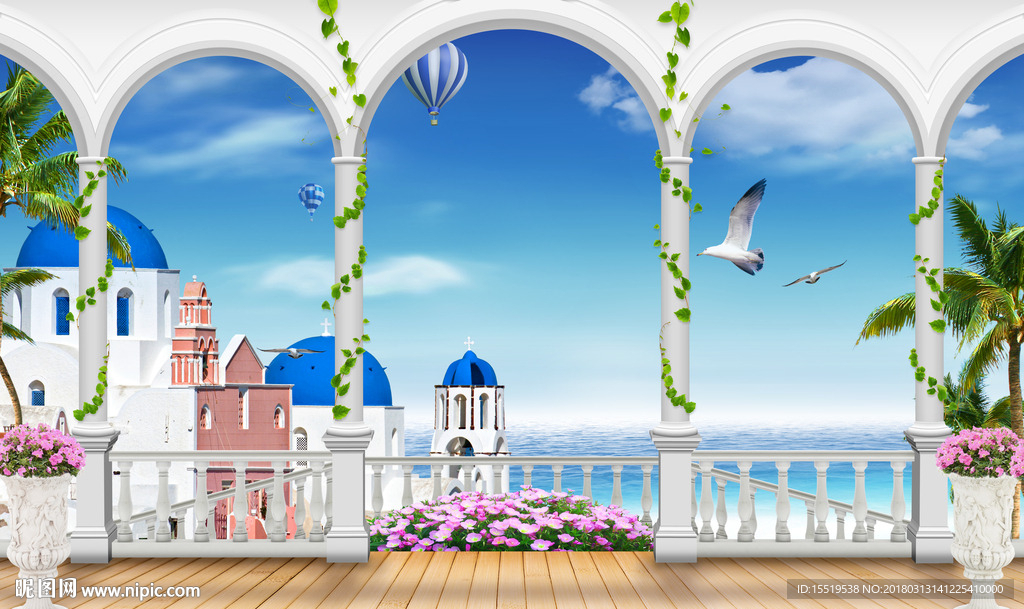 3D圣托里尼背景墙