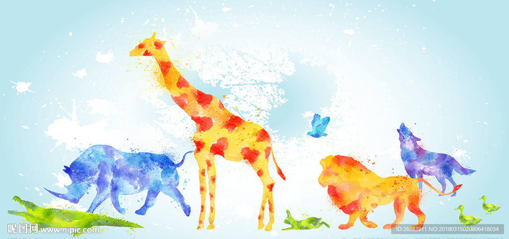 手绘水彩动物背景墙