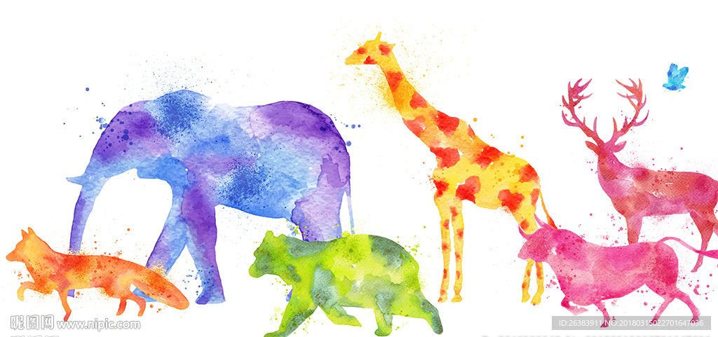 水彩手绘动物背景墙