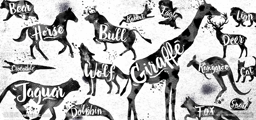 水墨手绘动物背景墙