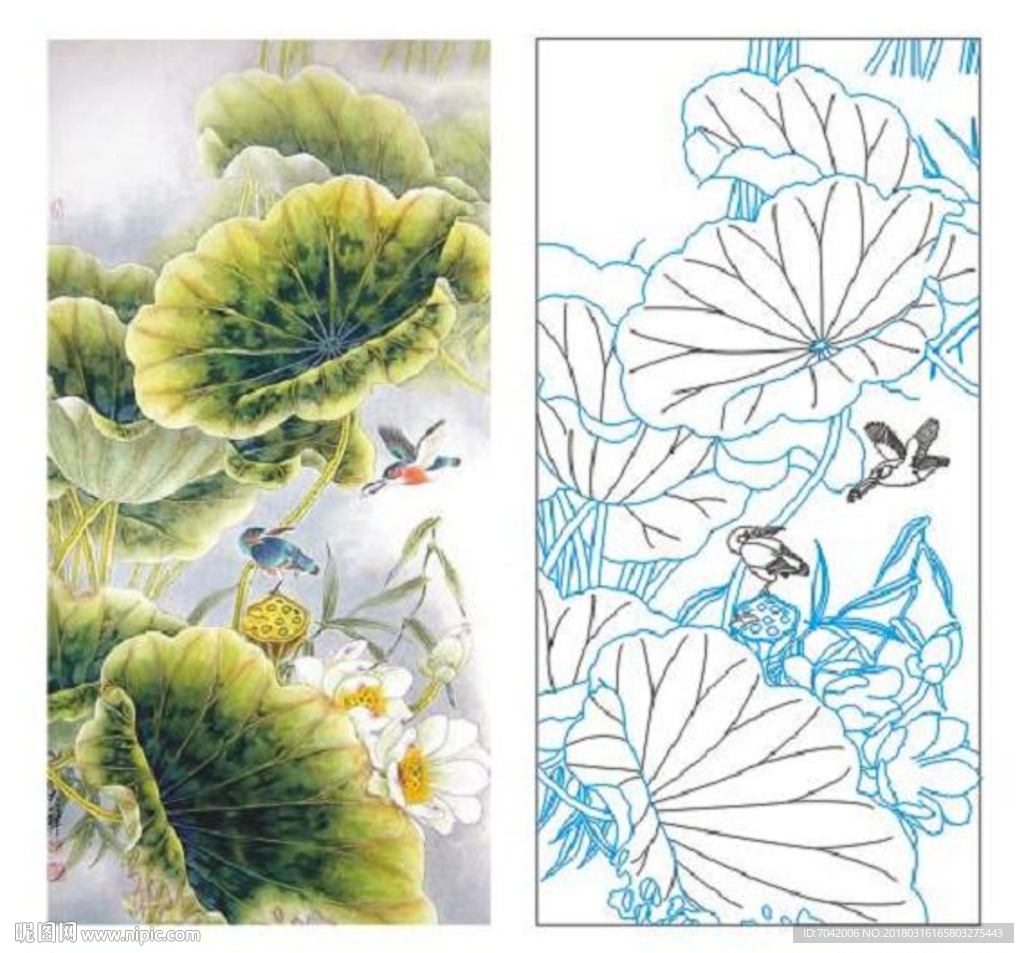 艺术玻璃屏风 荷花翠鸟