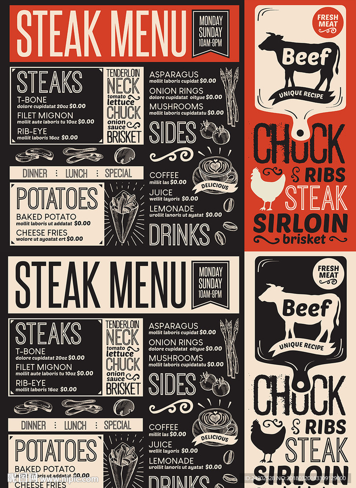 两色手绘牛排西餐菜单PSD模板