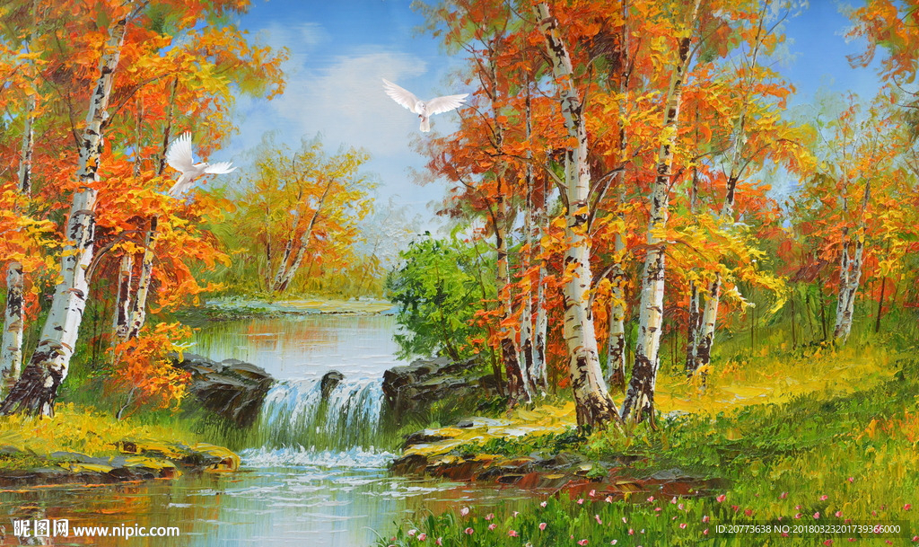 瀑布白桦林飞鸽油画