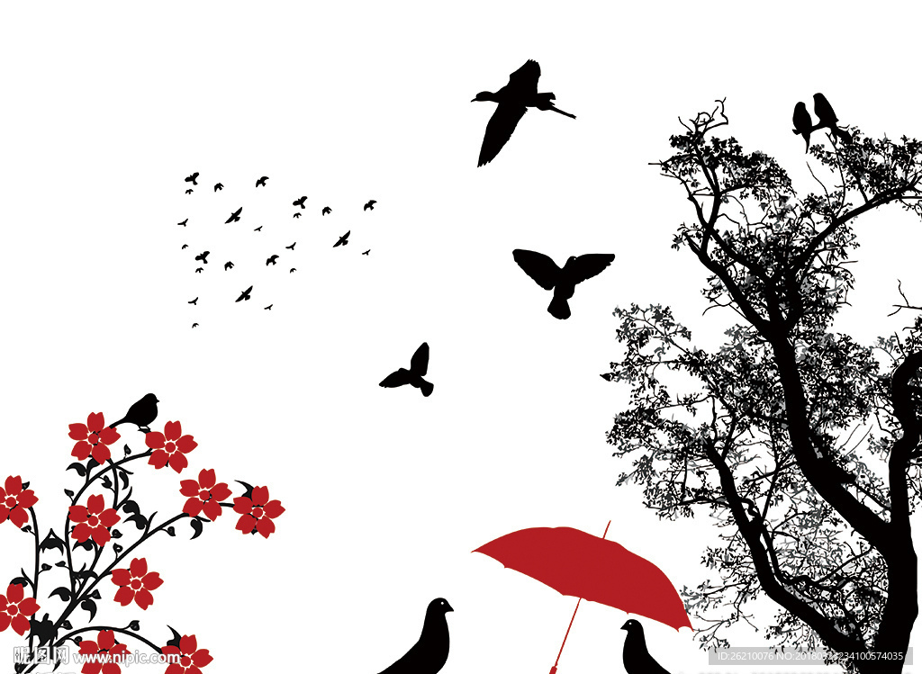树枝小鸟雨伞剪影设计素材