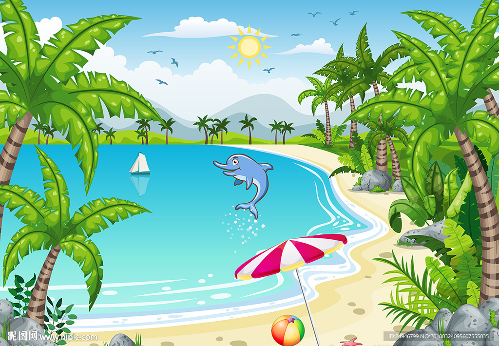 卡通大海椰子树卧室背景墙