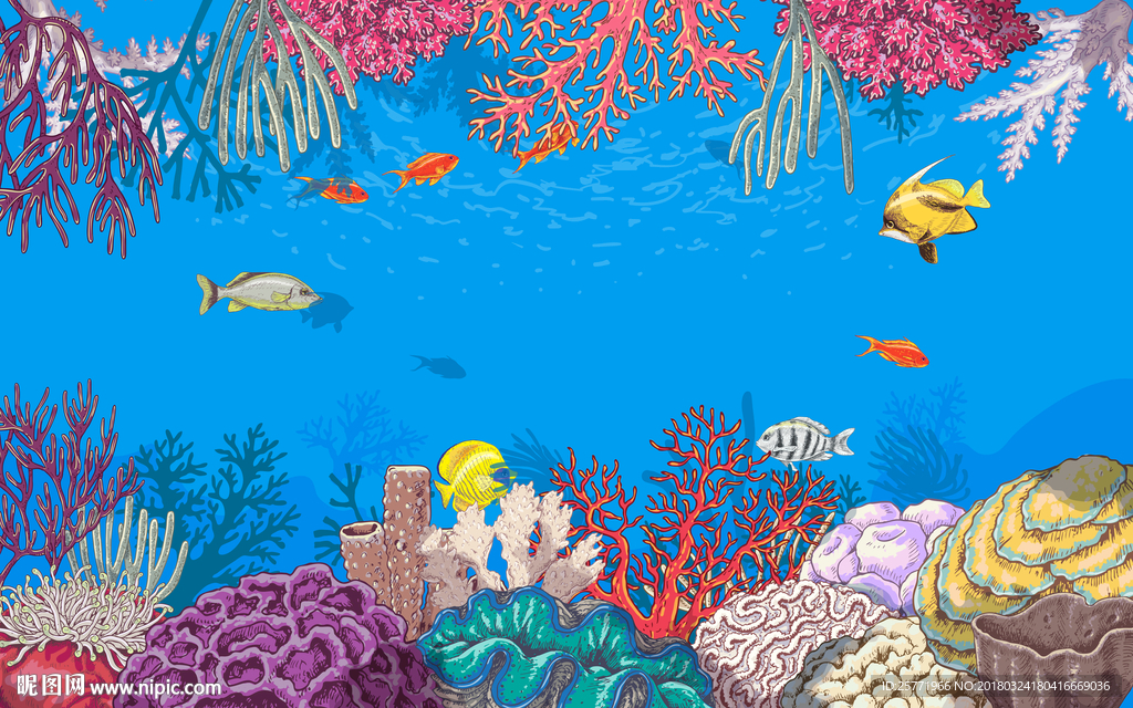 卡通儿童海底世界背景壁画